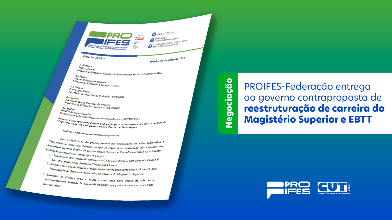 PROIFES-Federação entrega ao Governo contraproposta de reestruturação de carreira do Magistério Superior e EBTT