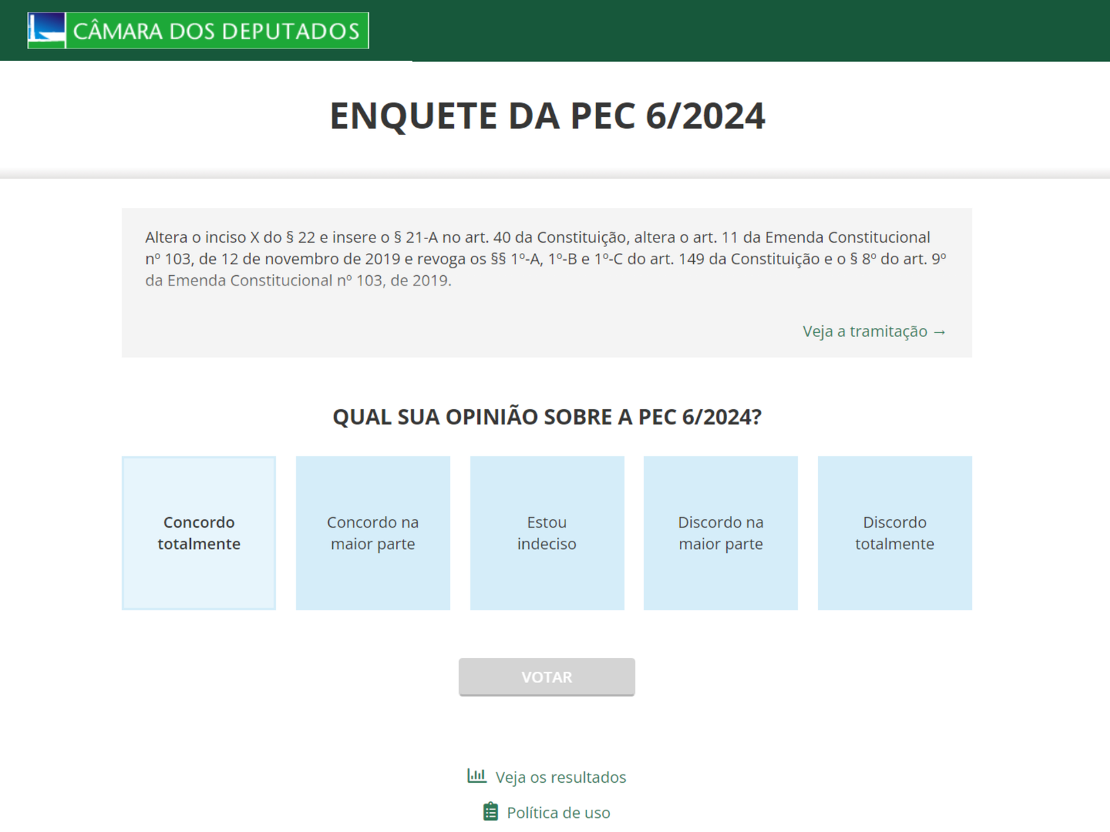 Câmara abre enquete sobre PEC 06/2024; Veja como votar