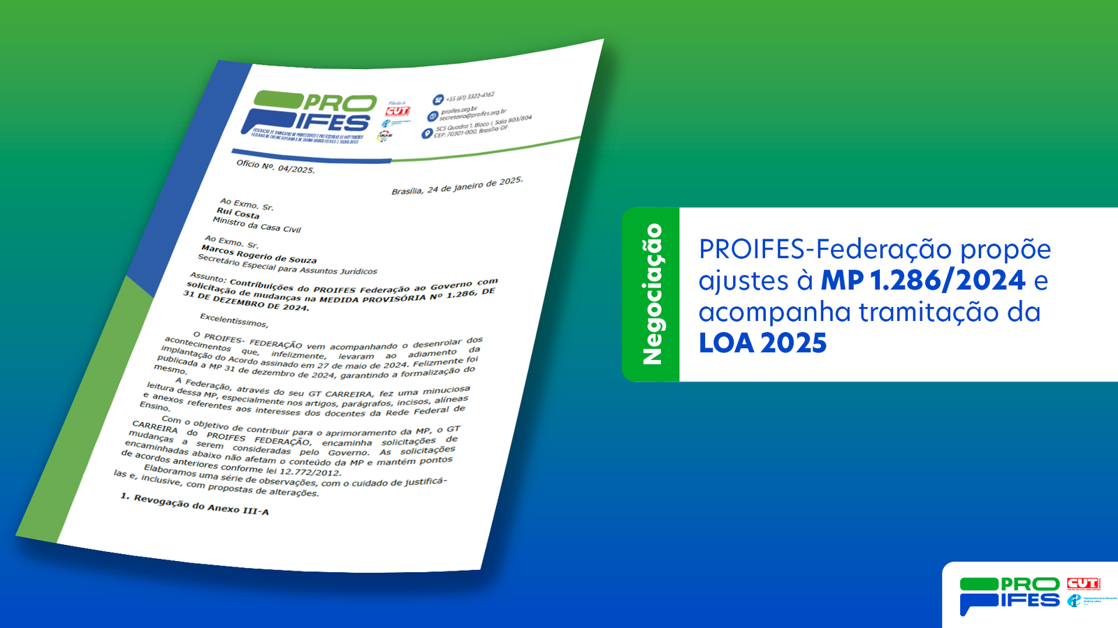 PROIFES-Federação propõe ajustes à MP 1.286/2024 e acompanha tramitação da LOA 2025