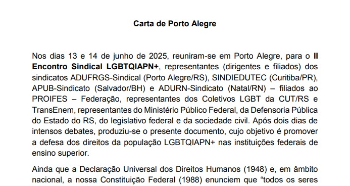 II Encontro Sindical LGBTQIAPN+ aprova “Carta de Porto Alegre” em defesa dos direitos da população nas instituições federais de ensino